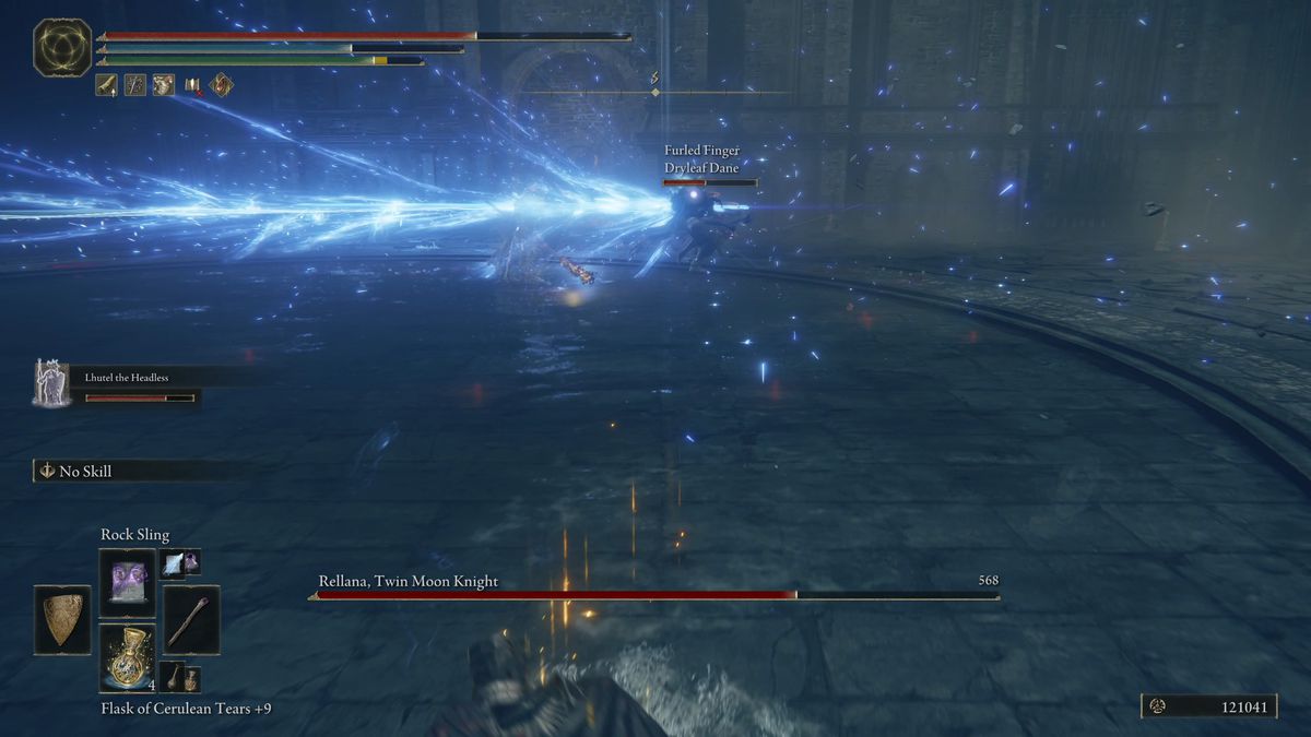 Rellana slides the area with a huge blue glowing Carian greatsword in the Elden Ring