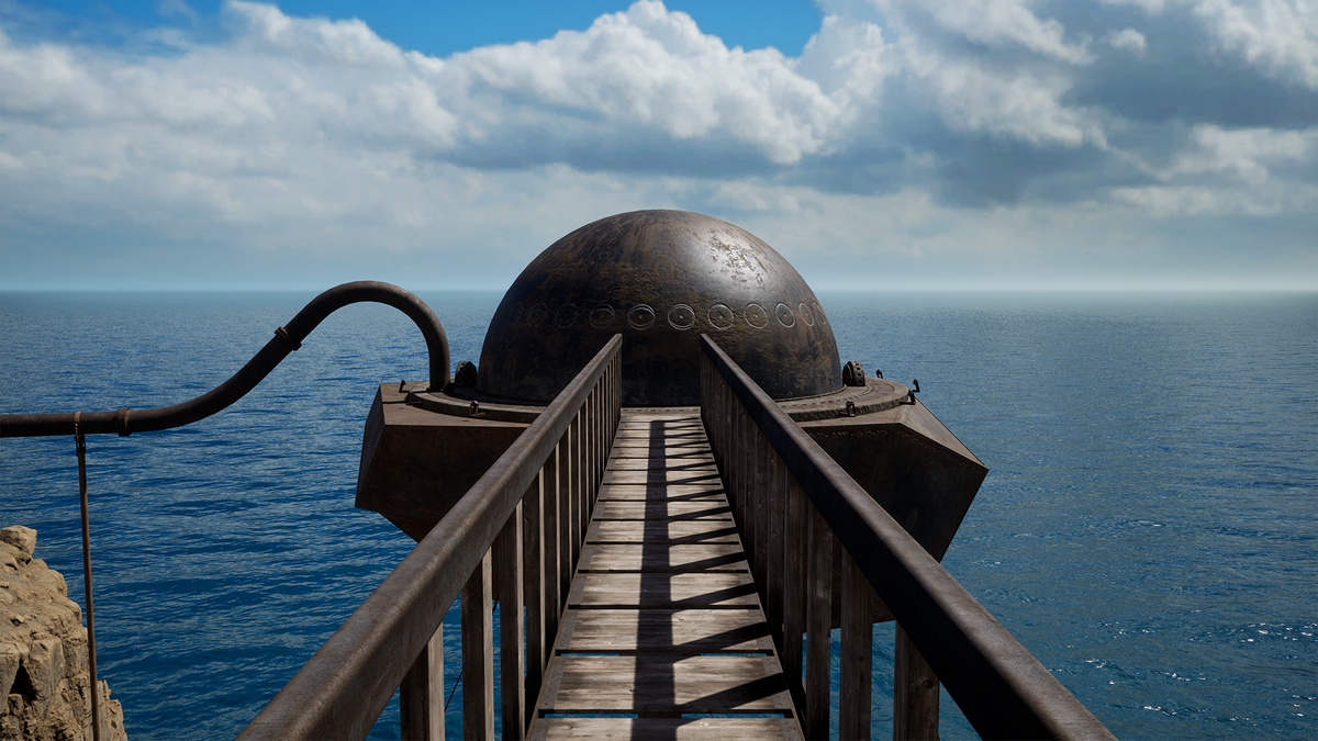 A bridge leading to a dark metal dome decorated with circular sigils.  In the background is a horizon of endless sea, blue sky and fluffy clouds in Riven (2024). 