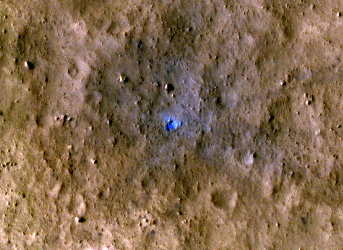 Data from InSight was matched with images from orbiters, such as this one of an impact crater created on August 30, 2021, to determine when and where meteorite impacts on the red planet occurred.