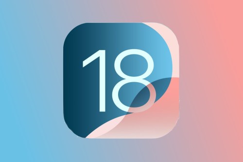 iOS 18 logo on blue and pink background.