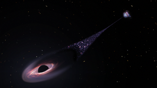 An illustration of a black hole moving away from its galaxy, with a trail of stars following behind it.