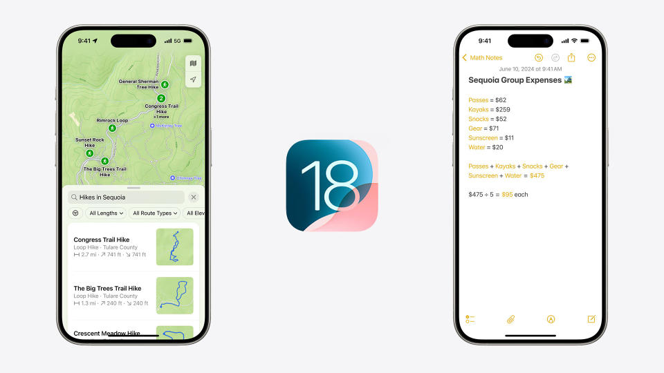 Two iPhones separated by the iOS 18 logo, showing the Map app and the Notes app, respectively.