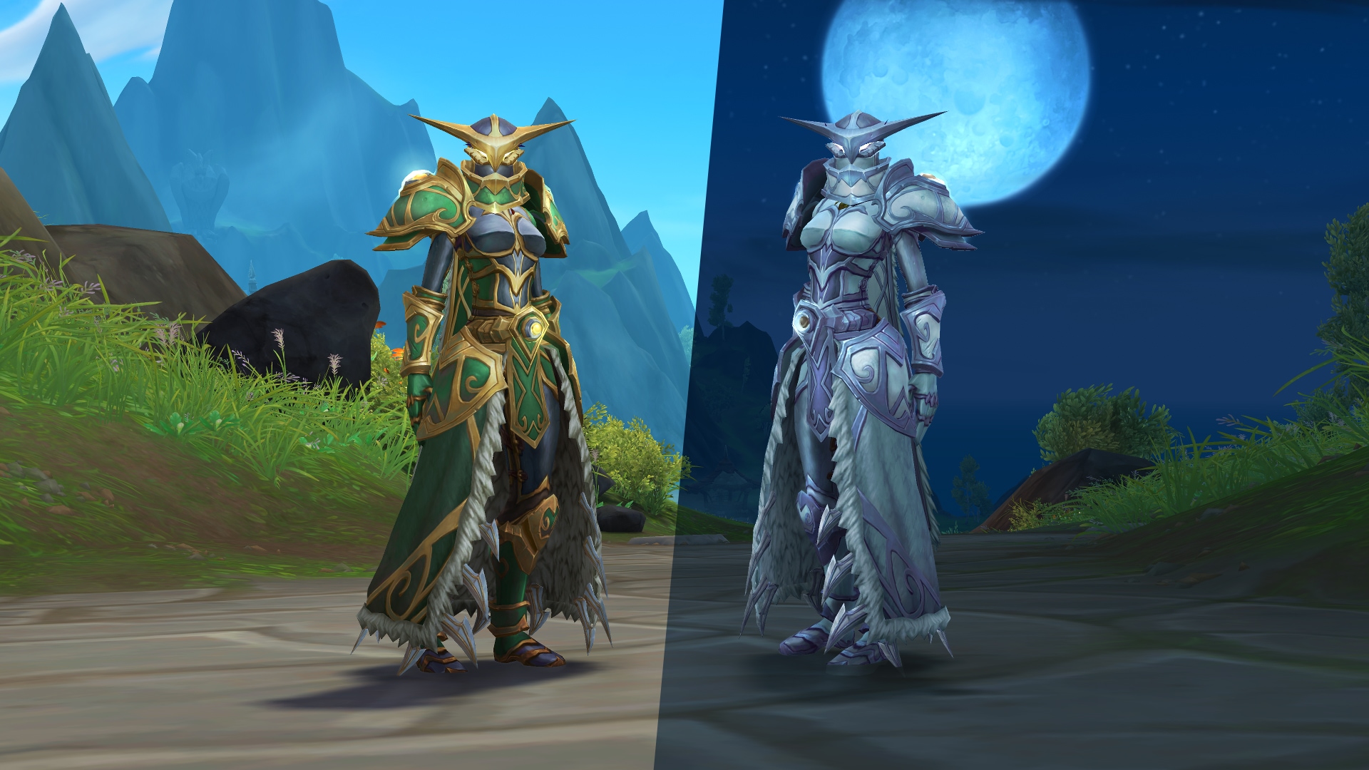 A night elf in gold and green, set during the day on the left and silver and white, set under the moon on the right