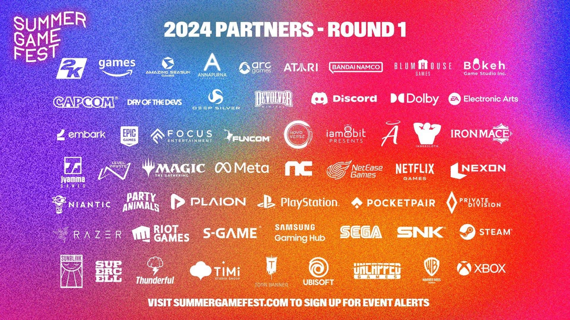 List of various partner logos for Summer Game Fest 2024 - Round 1, displayed on a gradient background.  The text encourages you to visit summergamefest.com for event alerts and to uncover the latest rumors and leaks.