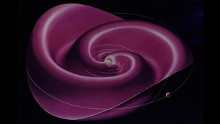 the sun is in the center and a swirling purple sheet extends far into the solar system.  It looks a little like a dancer's skirt that flutters and ruffles as she twirls.