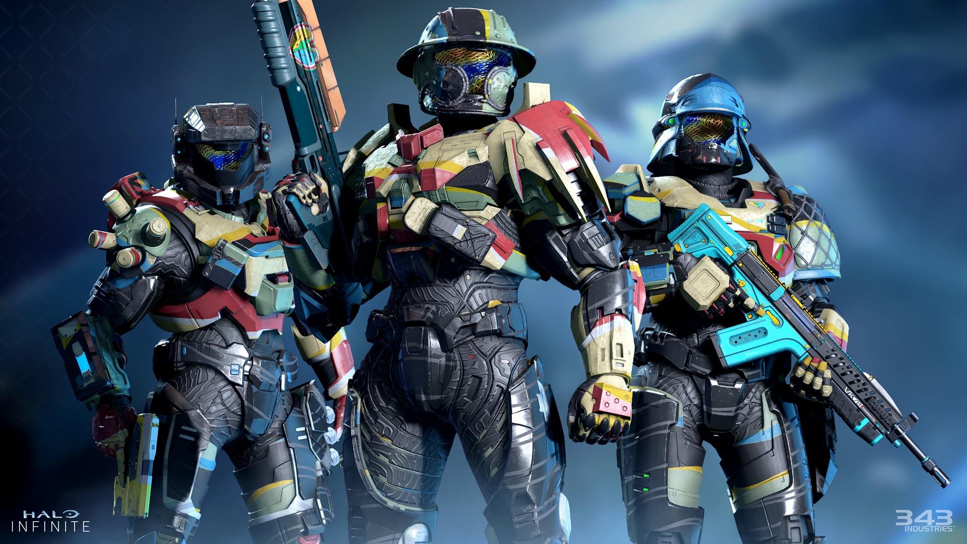 Halo Infinite image of three Spartans wearing Disability Pride Month 2024 customization content