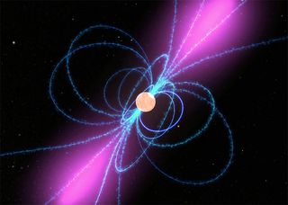 An orange sphere with blue arcs connecting its poles and pointed purple clouds along an inclined axis passing through it