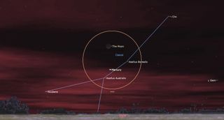 A red hazy sky shows stars with the outline of an orange circle floating in the center.  A branching image of blue lines connecting stars in the sky through the circle.  Also in the circle, a small crescent and a dot labeled Mercury.