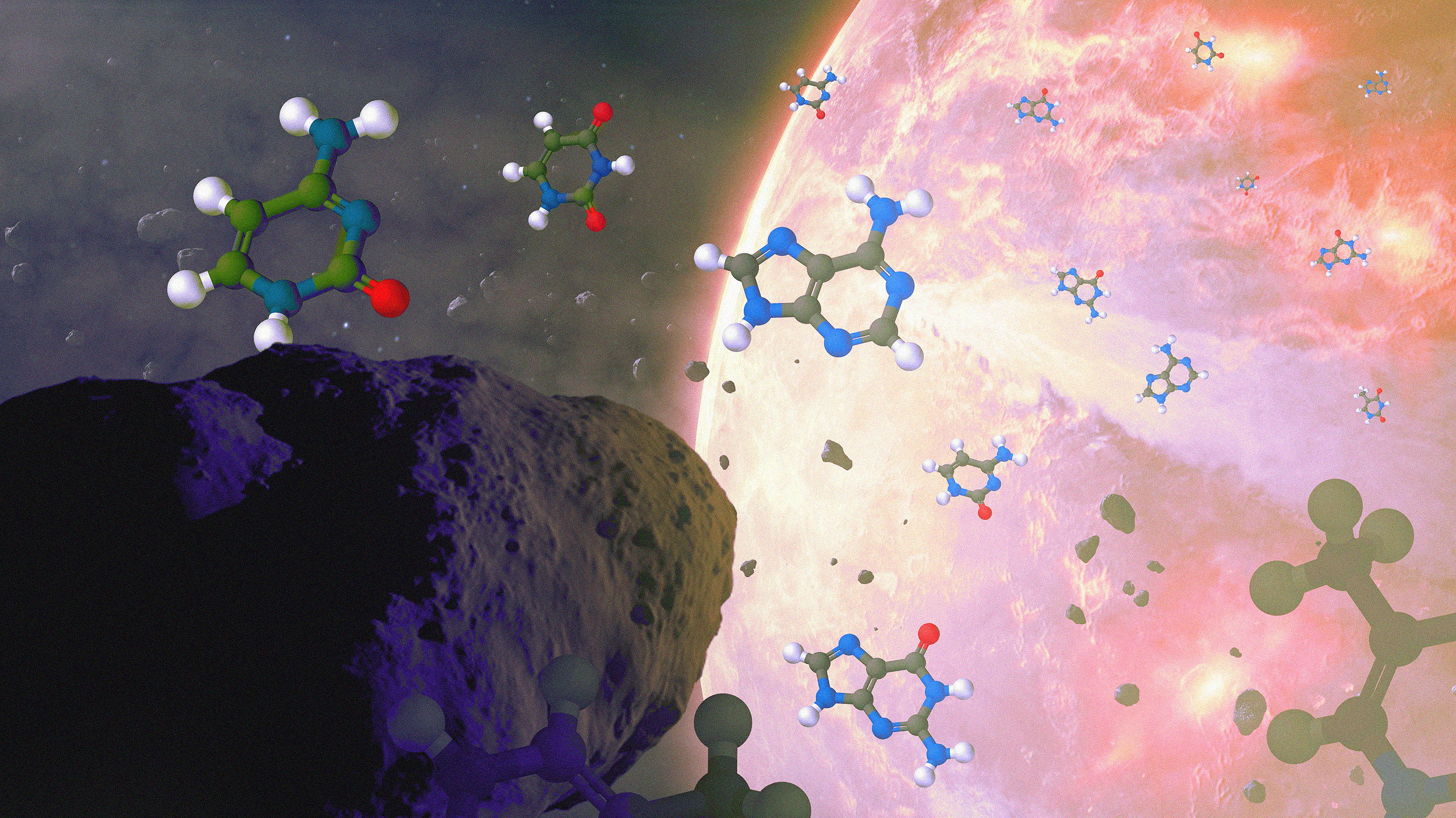 Artist's rendering of possible first life in the form of organic molecules near a space object with a star background.