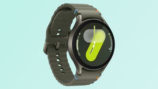 A leaked image of the Samsung Galaxy Watch 7 in forest green on a gray background