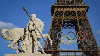 The Eiffel Tower in Paris with Olympic rings before the Paris Olympics