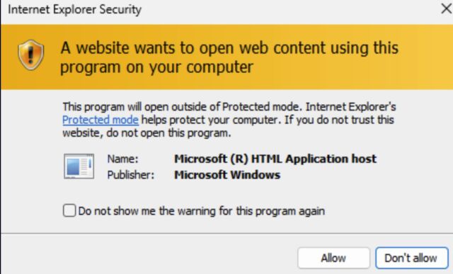 A screenshot of the IE security box asking if the user wants to 