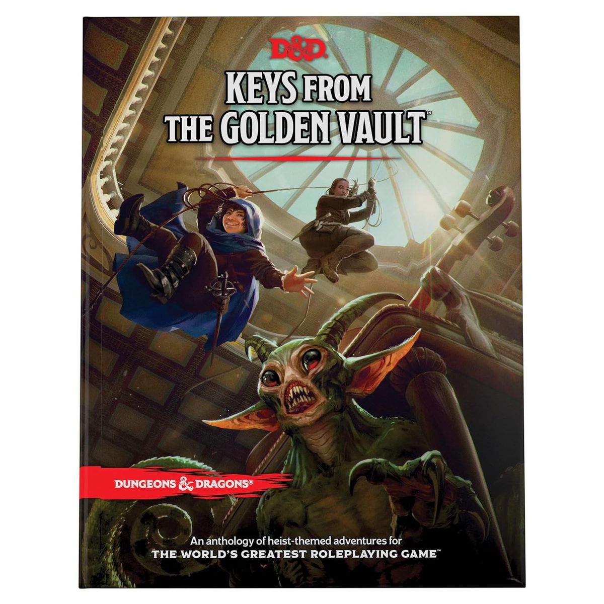 The cover of the D&D Keys from the Golden Vault heist collection, which features party members rappelling down from the ceiling to a creature hidden under a chair.