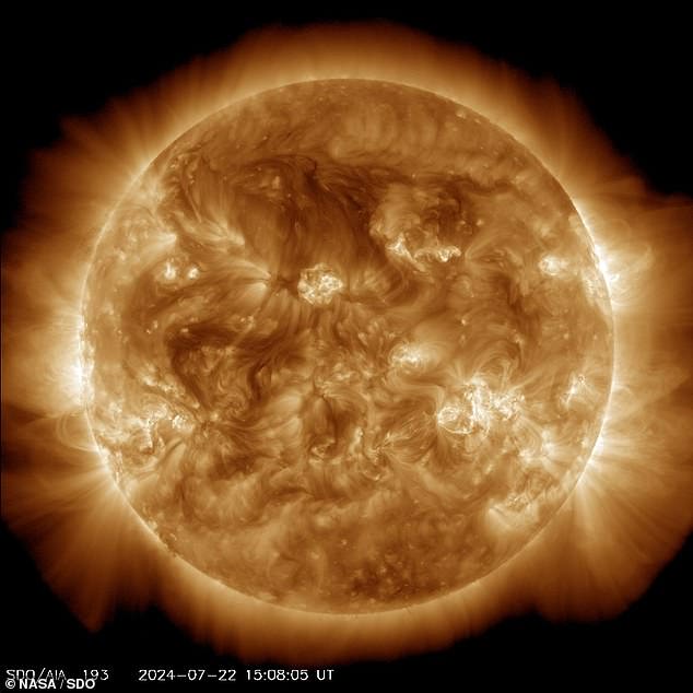 NOAA also reported a 60 percent chance of more moderate-level or M-class solar flares in the next 24 hours — and a 15 percent chance of a more extreme X-class flare that could cause worldwide radio blackouts.  Above AIA image of the sun from July 22