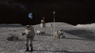 An artist's impression of astronauts working on the surface of the Moon.