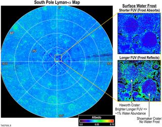 These images (inset) produced by the Lyman Alpha Mapping Project (LAMP) aboard NASA's Lunar Reconnaissance Orbiter reveal features of the Moon's north and south poles in the regions that lie in perpetual darkness.  Scientists believe these areas may be hiding fluffy dirt and water ice.