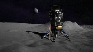 Illustration of the private lunar lander Nova-C built by Intuitive Machines with NASA's Polar Resources Ice Mining Experiment-1 (PRIME-1) attached to the spacecraft.