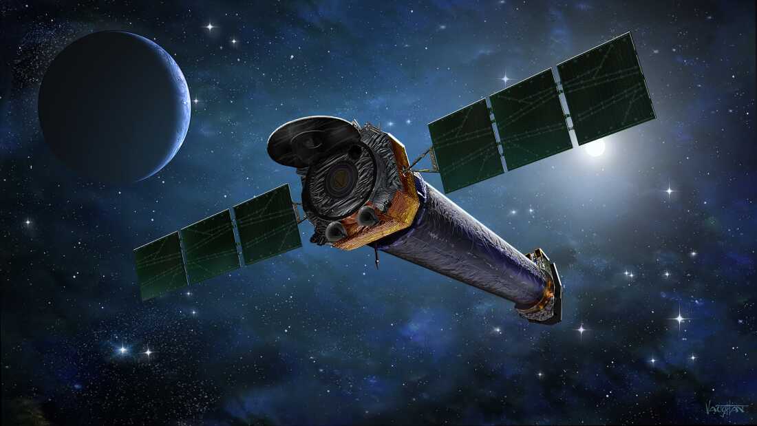 An artist's impression of the Chandra X-ray Observatory in space.