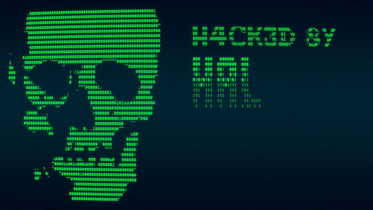 Hacker HAL's business card showing a skull and signature in ASCII graphics rendered on a 1990s monitor.