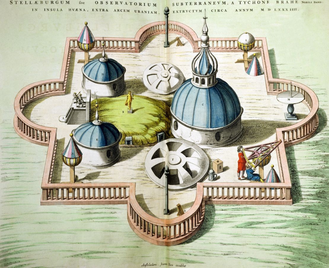 This color engraving from 1645 depicts Stjerneborg, a second observatory built by Brahe 80 miles south of Uraniborg.  Round towers protected his instruments from the wind.