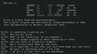 Screenshot of the ELIZA program.  Shows chat between ELIZA.  and user.