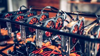 Close-up of a crypto mining rig