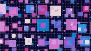 Abstract graphic illustration of purple, pink and blue squares and dots