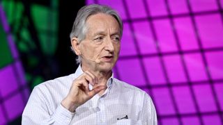 Photo of Geoffrey Hinton speaking at the 2023 conference