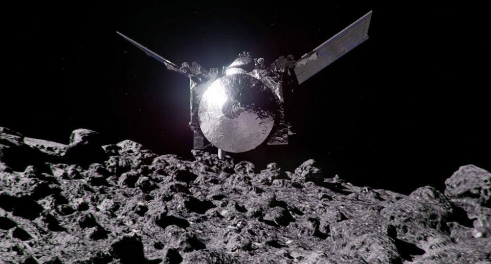 An artist's impression of NASA's OSIRIS-APEX probe approaching the surface of the asteroid Apophis.