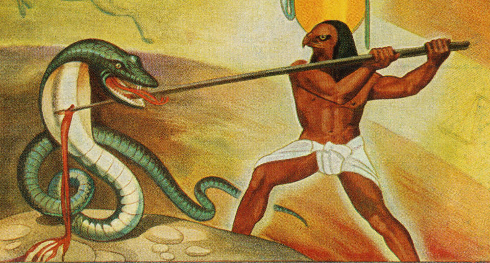 Apophis depicted as a giant serpent battling Ra, the sun god, in Egyptian artwork.