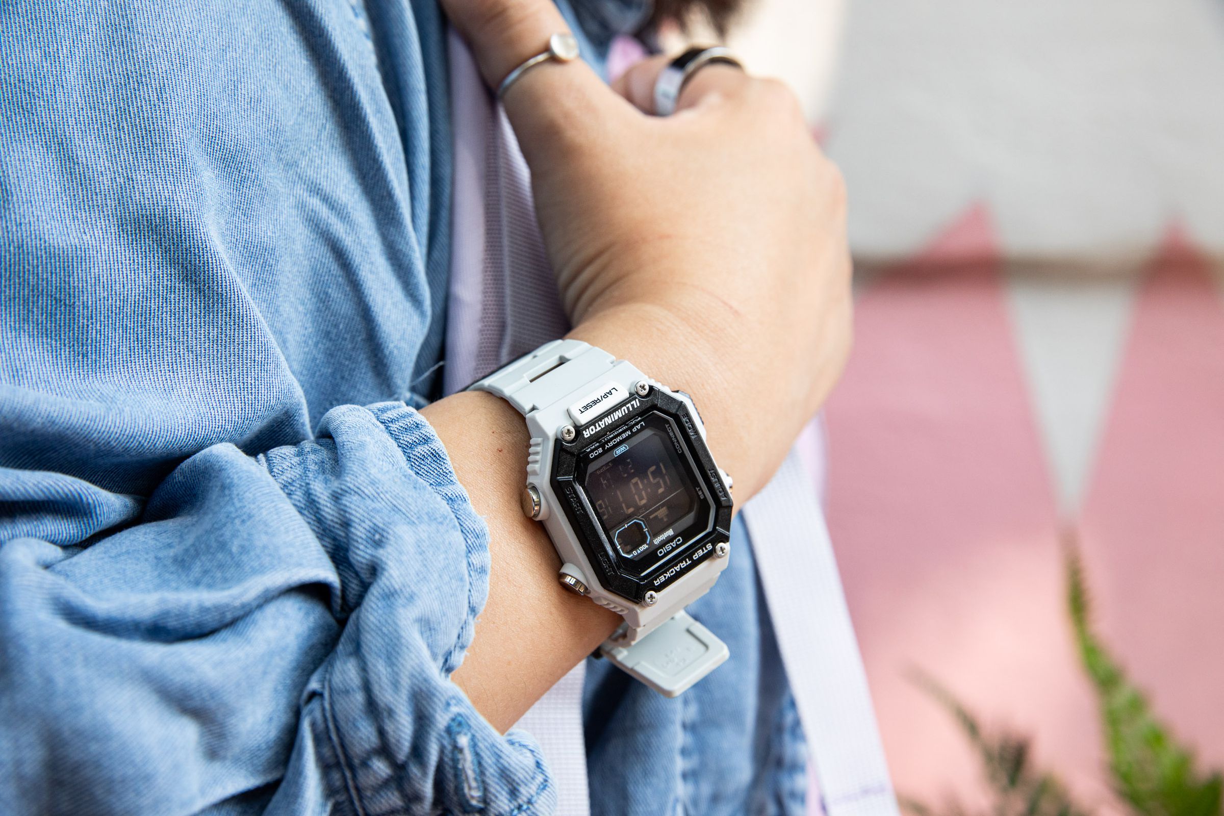 Close-up of a man wearing a Casio WS-B1000