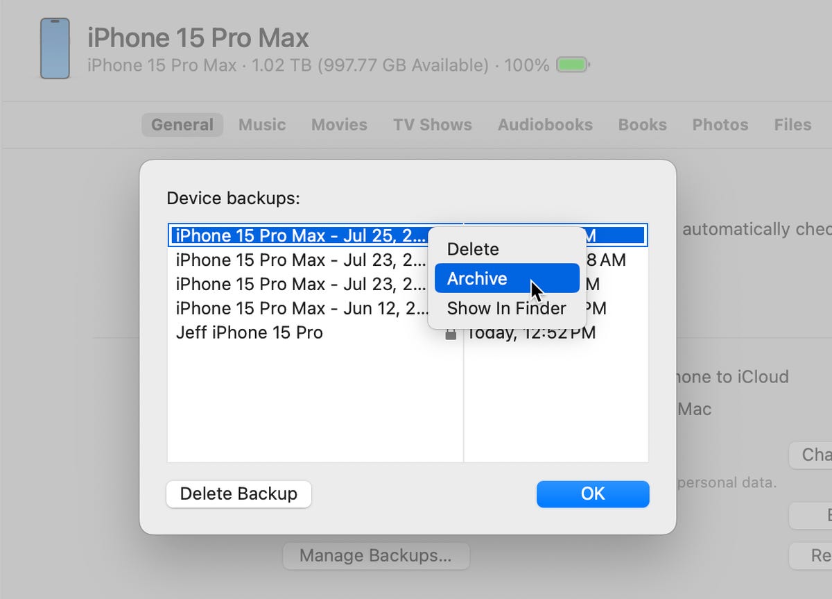 A MacOS dialog showing backups of an iPhone device, with the context menu and the Backup option highlighted.