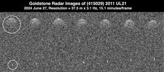 a grainy image of the same space rocket shown at different angles in a grainy sea of ​​black and white.