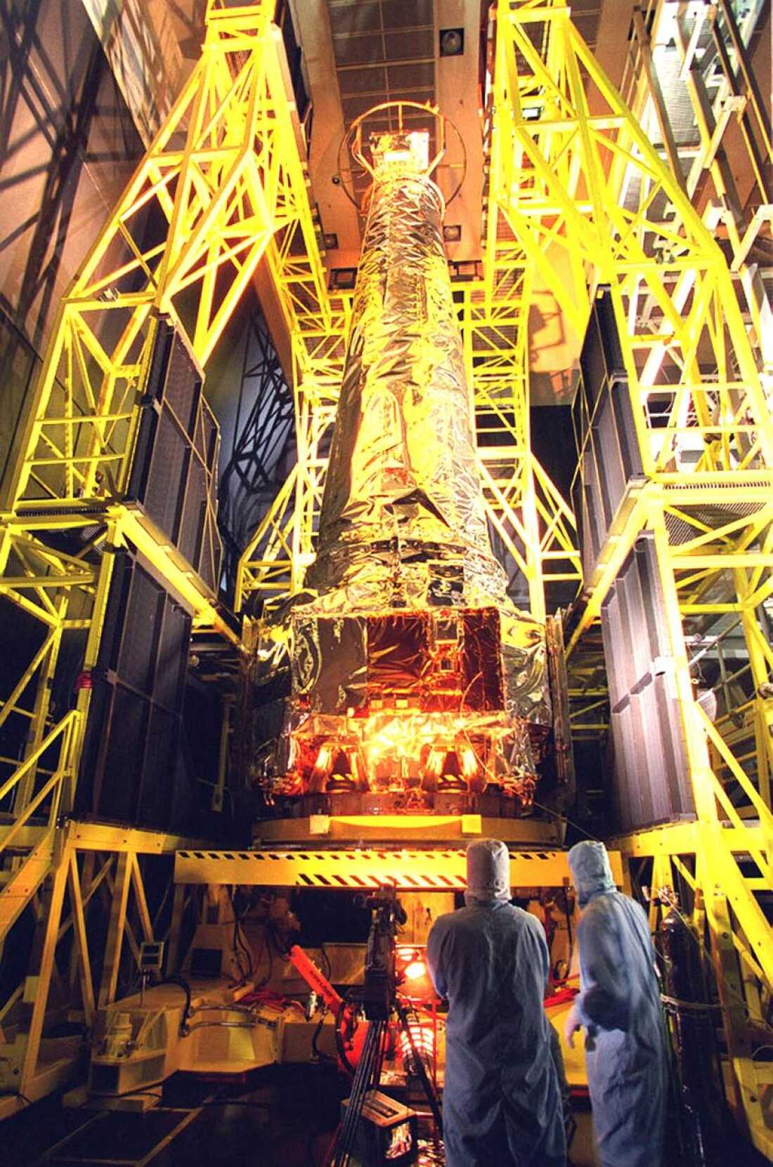 The Chandra X-ray Observatory before it was launched into orbit in 1999 on a NASA space shuttle.