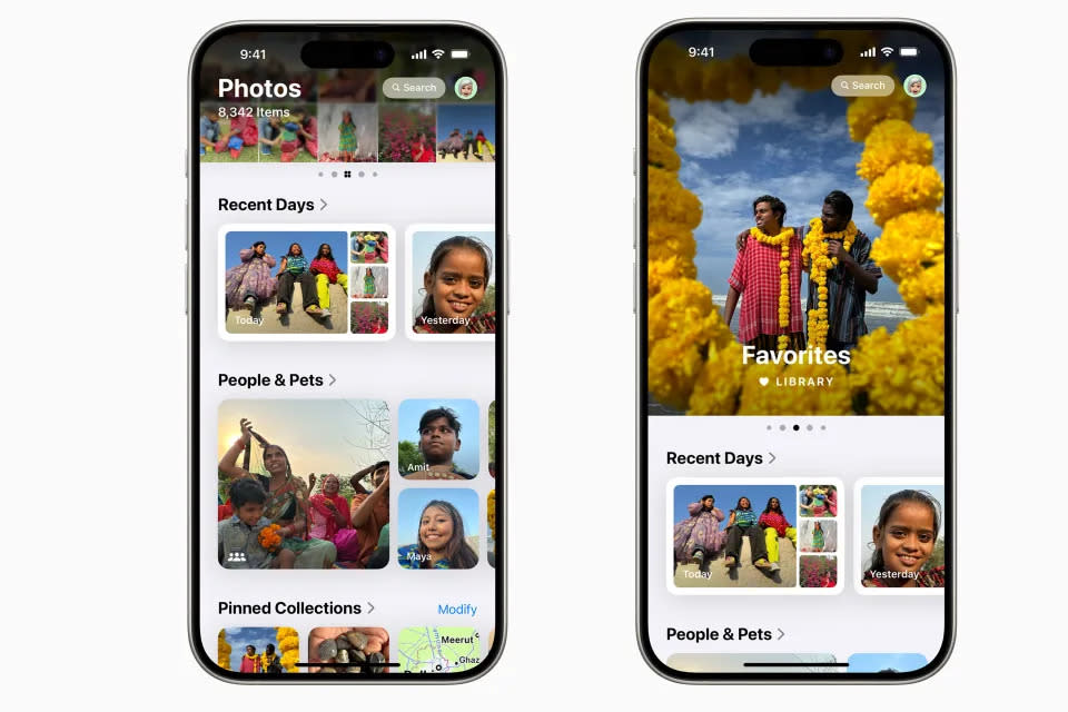 Composite graphic showing two screenshots of the redesigned Photos app for iOS 18. On the left, there are three rows of collections below the library grid, saying 