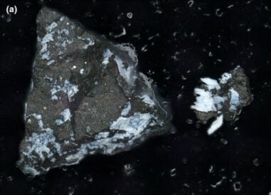 This image shows a reflective phosphate in one of the rocks in the Bennu sample.  The presence of phosphates suggests an aqueous past.  Image Credit Lauretta Et Al.  2024