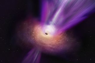 Artist's impression of a supermassive black hole surrounded by a purple-orange disk of glowing dust and gas