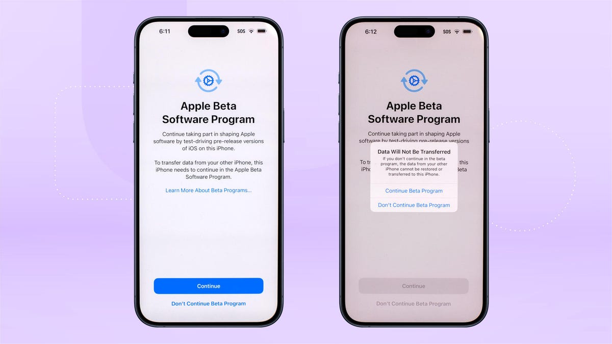 Two iPhones showing the progression of screens warning the user that an iCloud backup made under iOS 18 beta cannot be used after restoring to iOS 17.