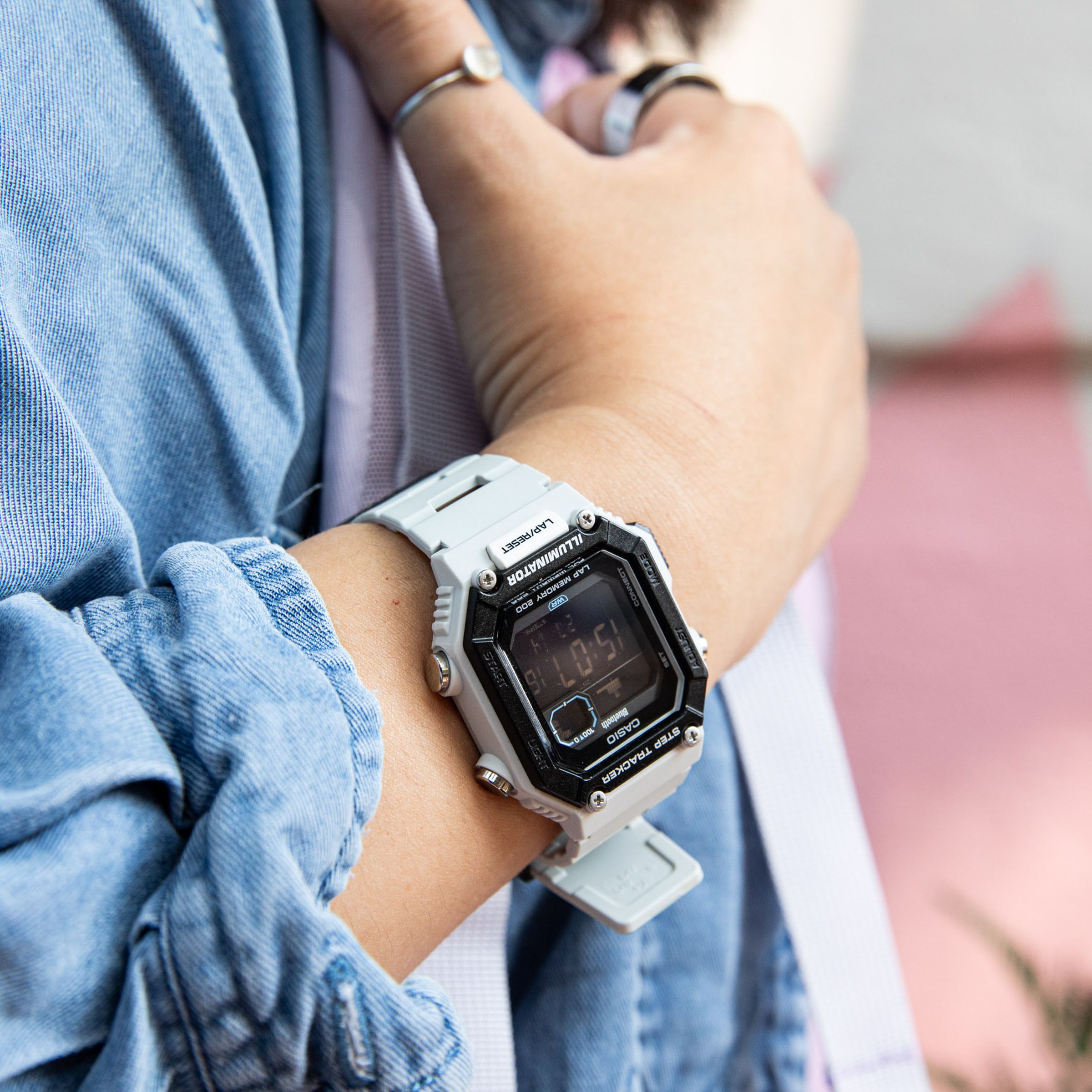 Close-up of a man wearing a Casio WS-B1000